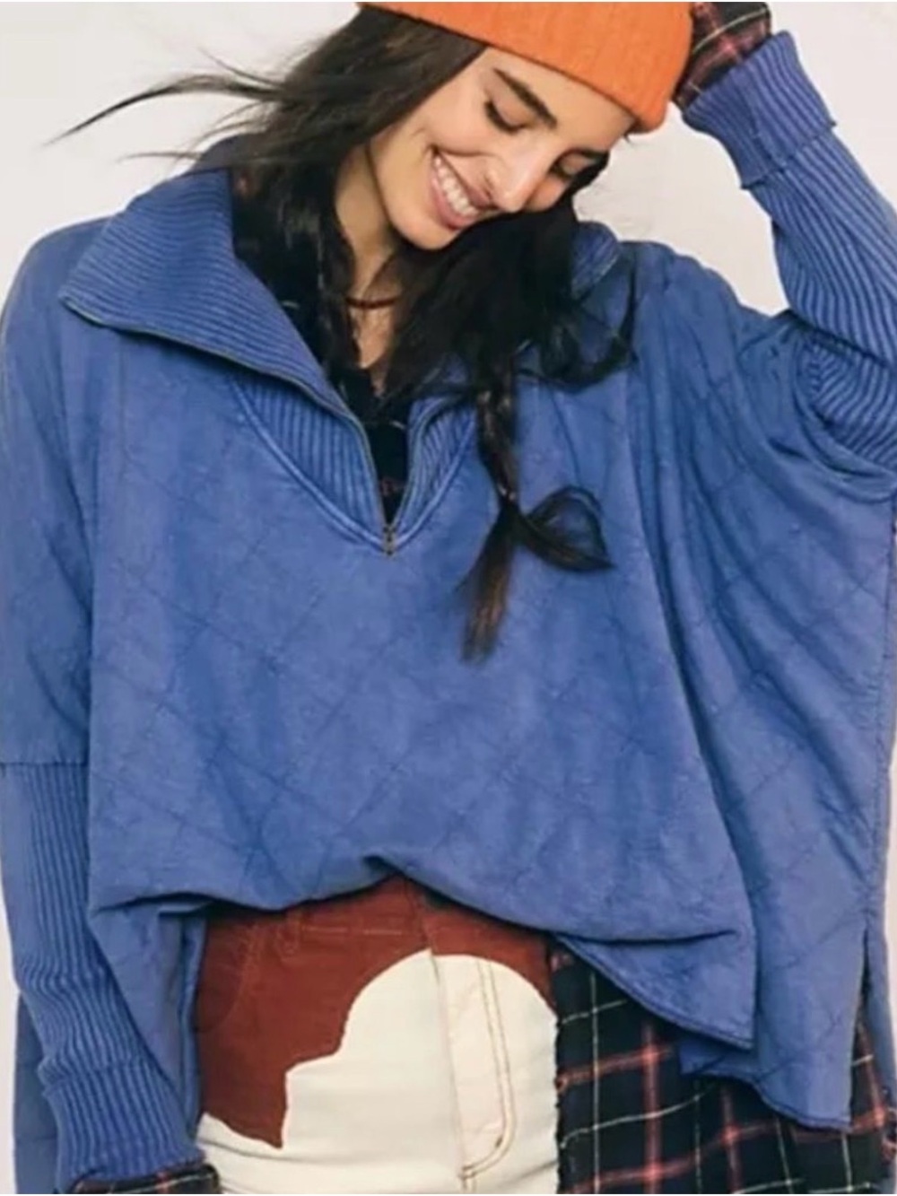 Free People Blue Quilted Half-Zip Cowl Sweatshirt
